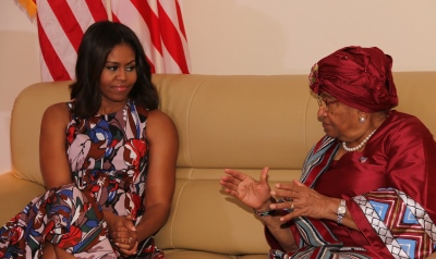 firstLadyObamaVisits/President Sirleaf in discussion with First Lady Michelle Obama upon arrival